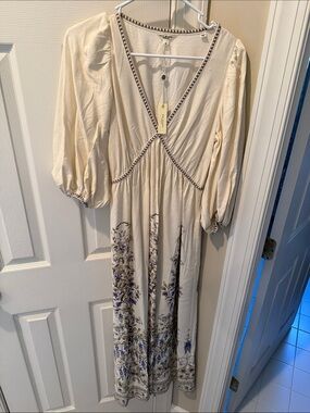 Max Studio Cream Maxi Dress with Purple Floral Border